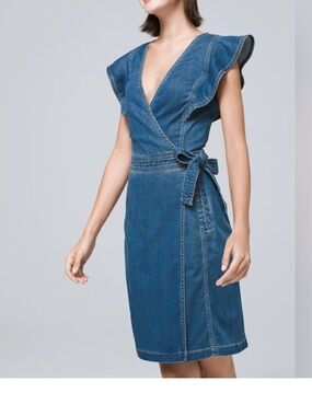 White House Black Market Blue Casual Denim Wrap Dress with Ruffle Sleeves